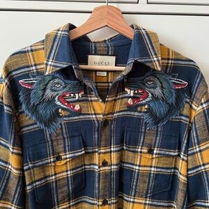 Gucci Animalium Blue and Yellow Plaid Flannel Shirt with Wolf Design
